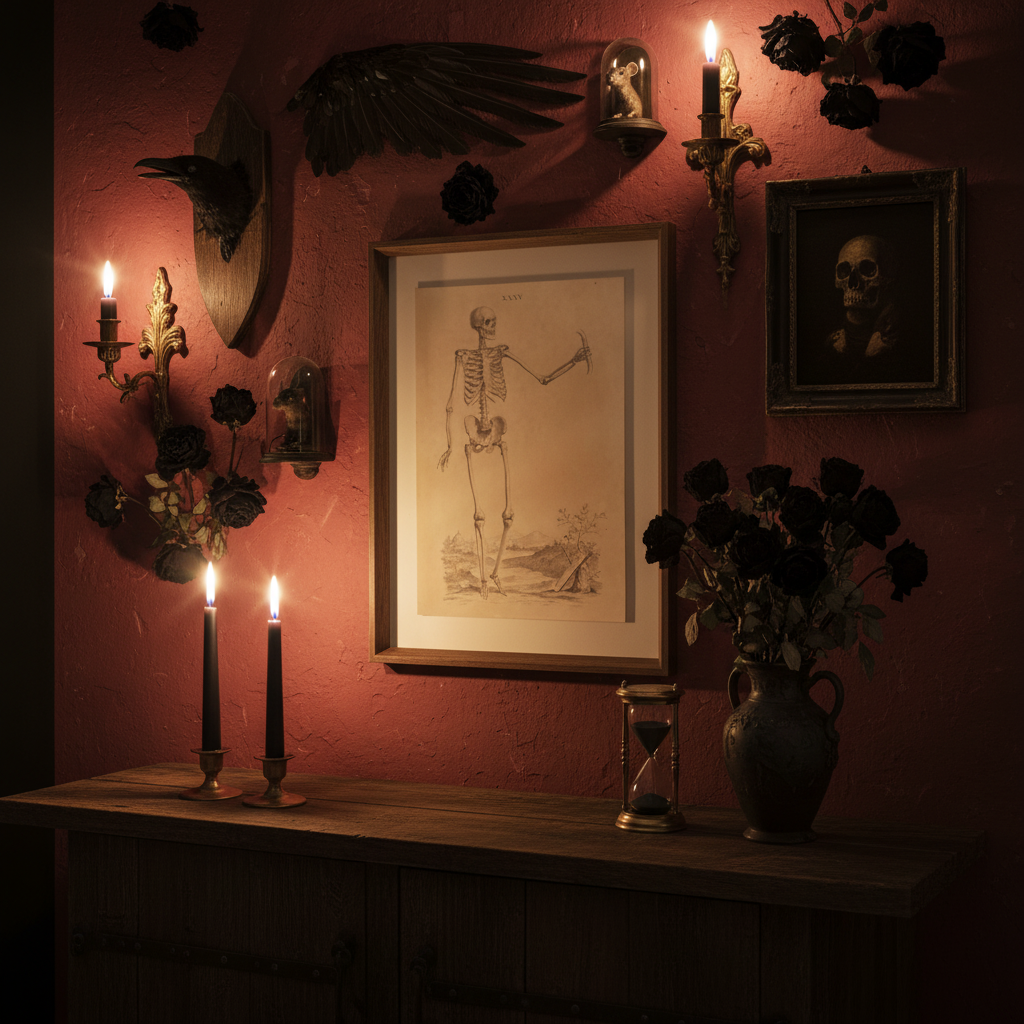 Gothic wall art featuring a skeleton illustration in a dark wood frame styled in a moody interior