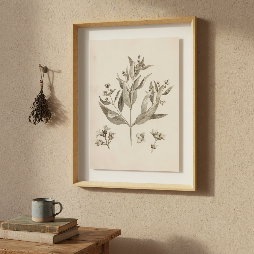 Soft botanical prints in neutral colours styled in a warm home setting