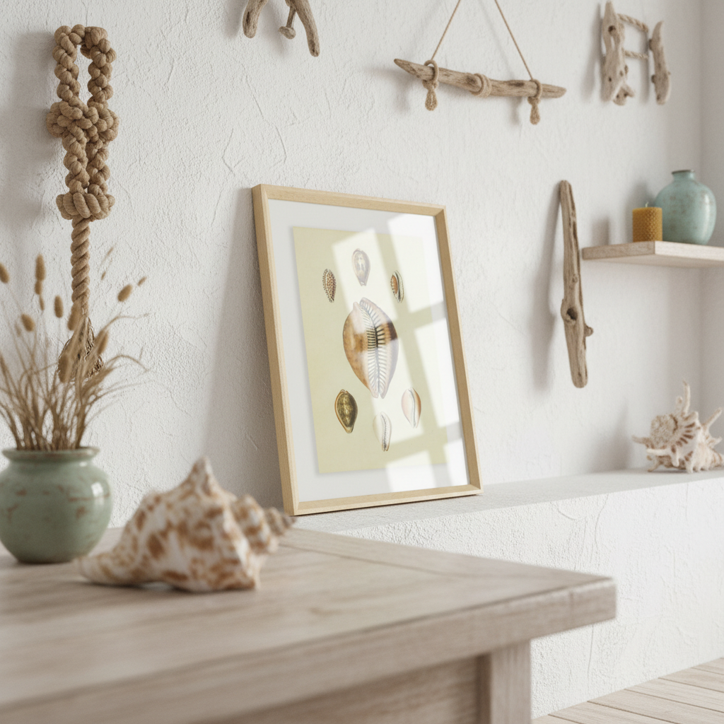 Shell illustration wall art in a natural wood frame styled on a shelf in a light coastal interior