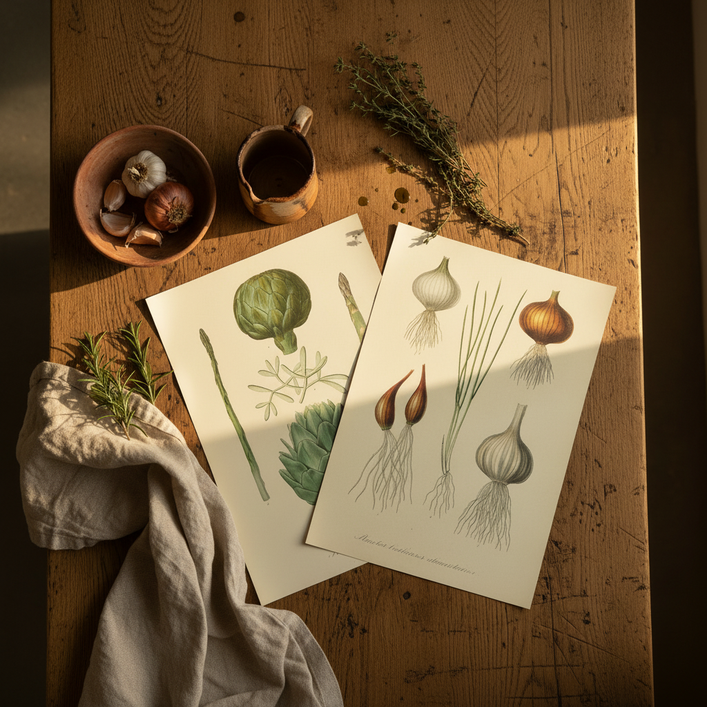 Kitchen wall art with vegetable illustrations styled with farm ingredients and utensils
