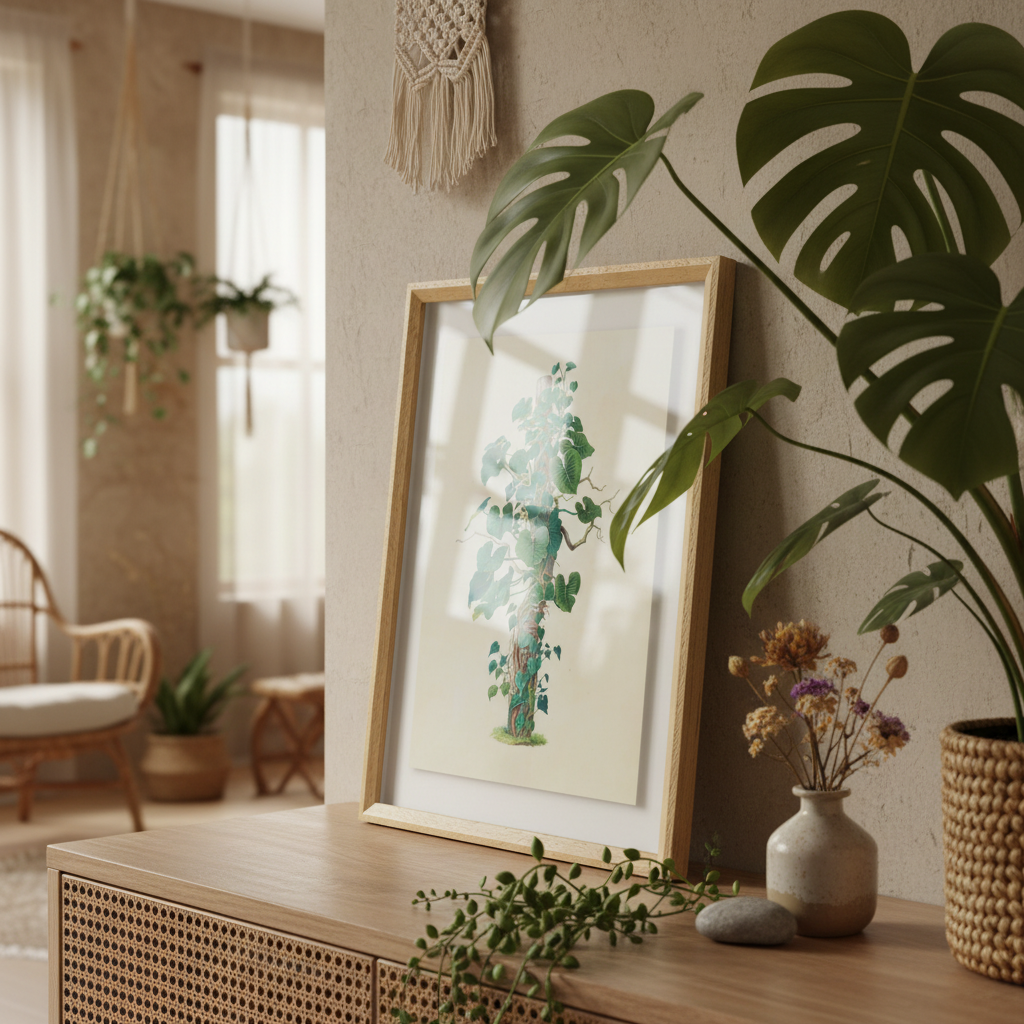 Green vine botanical wall art in a light wood frame styled in a boho living room with indoor plants