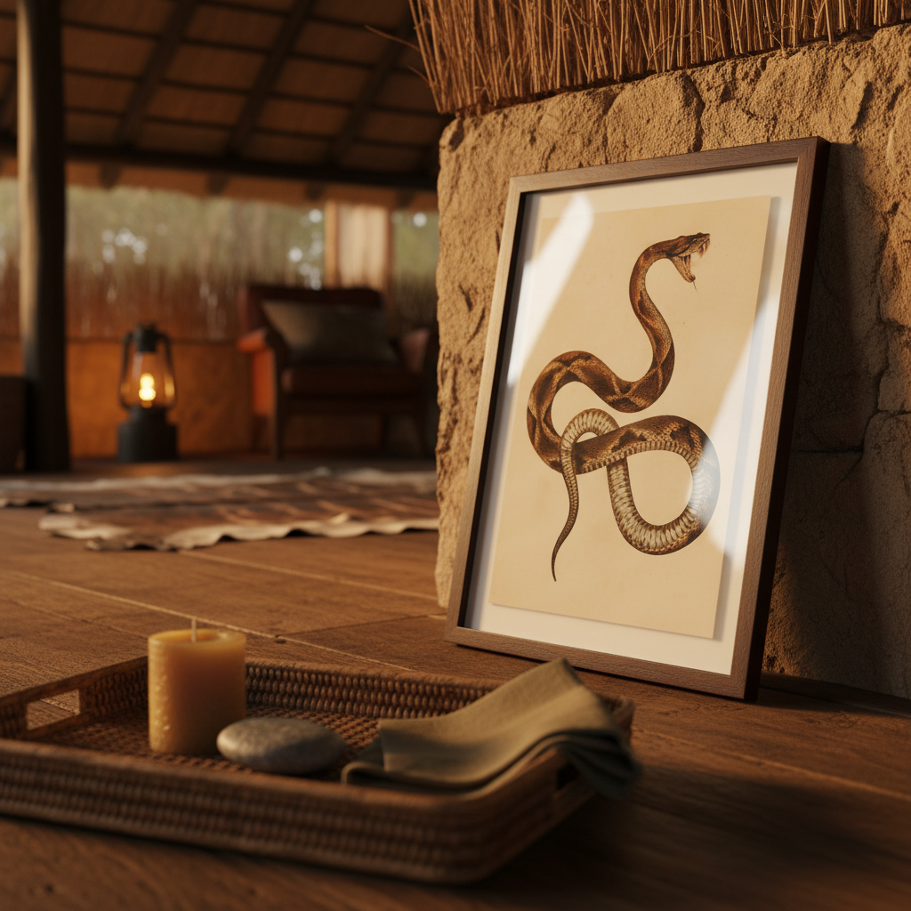 Snake illustration in a dark wood frame styled in a safari lodge interior with African artefacts