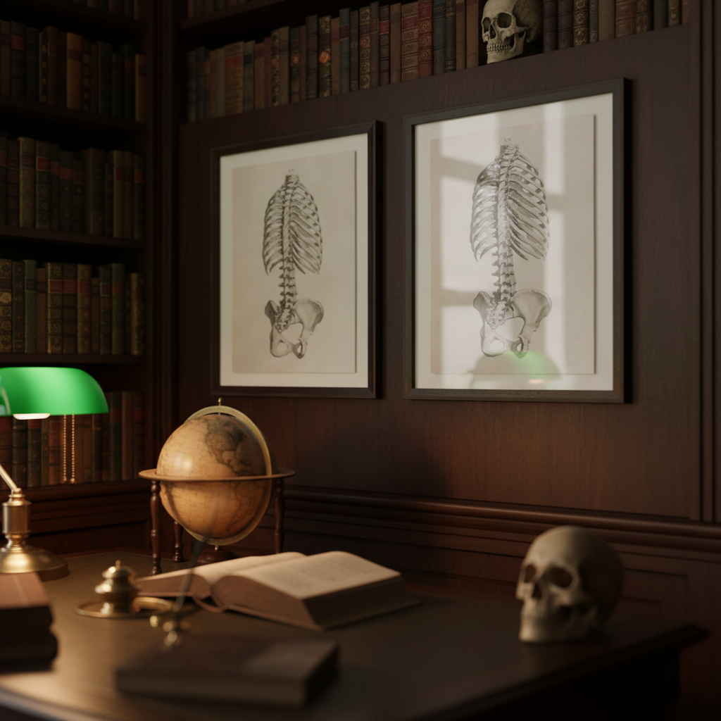 Two skeletal torso illustrations in dark wood frames styled in a vintage study with a green desk lamp and globe