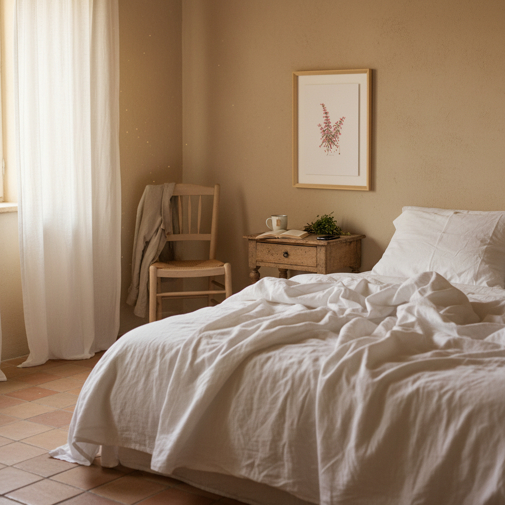 Lived-in neutural bedroom with natural wood framed print of a bunch of flowers on a neutral coloured wall.