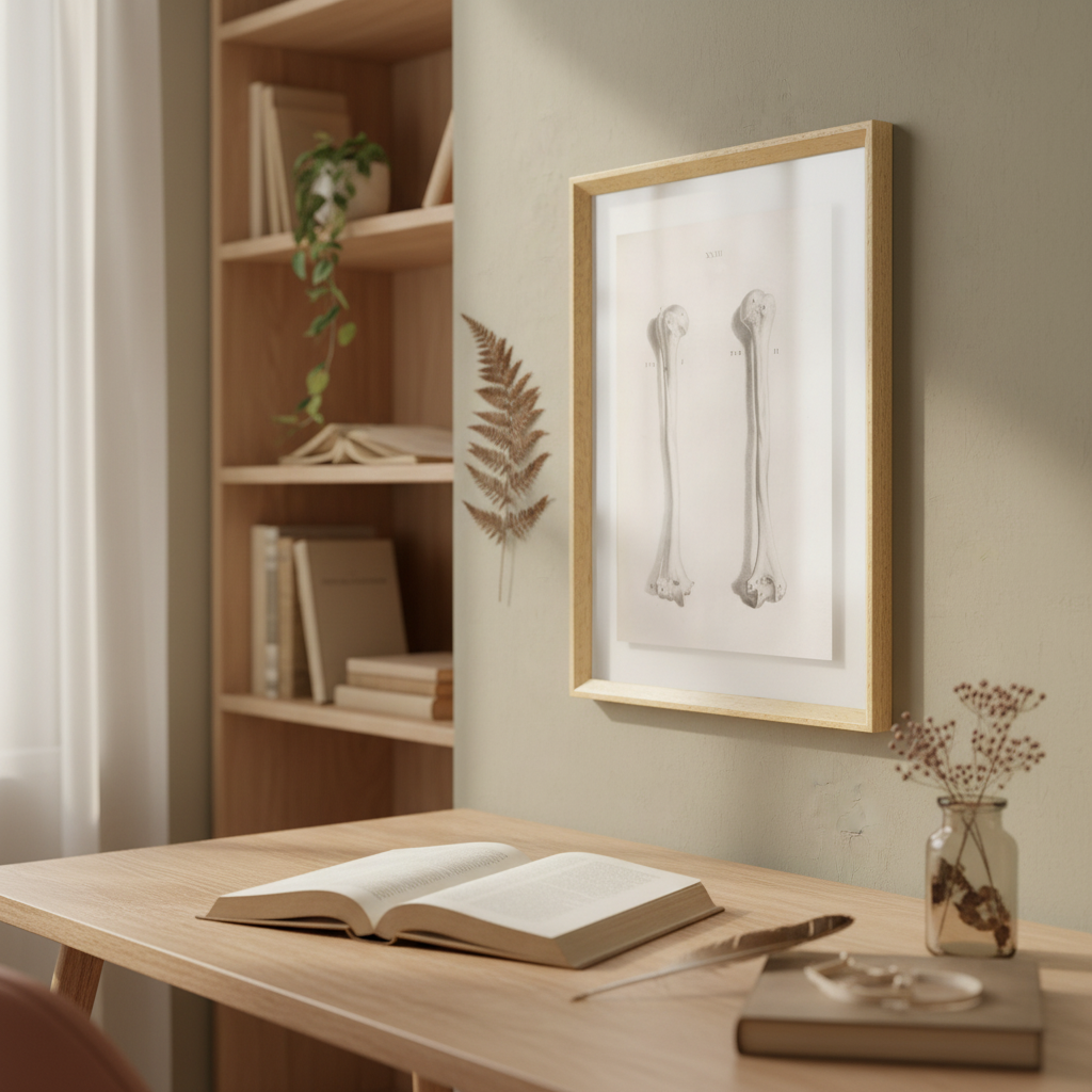 Print of Femur bones, float mounted in a natural wood frame and hung on a sage green office wall. Natural wood desk in the foreground with an open book and flowers. Background shows bookshelf with neutral colour books.